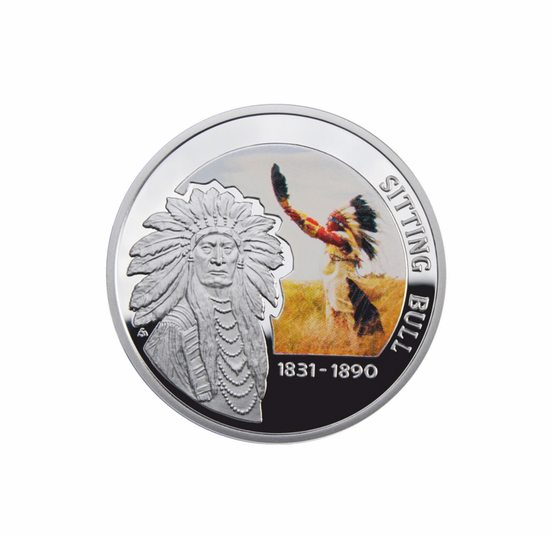 Sitting Bull seria wielcy wodzowie,srebrna moneta o nominale 1 dollar, Nowa Zelandia 2010, rewers