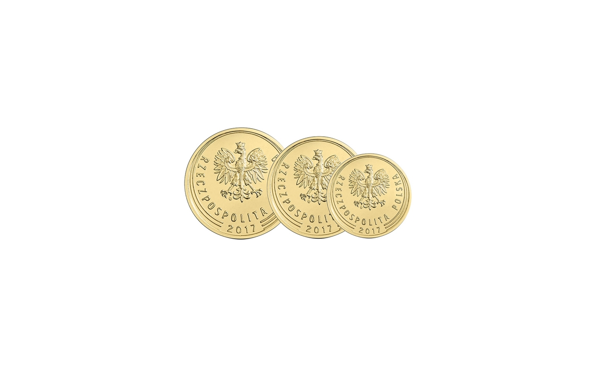 awers monet powszechnego obiegu,stal powlekana mosiądzem, nominał  5 gr, 2 gr,1 gr 